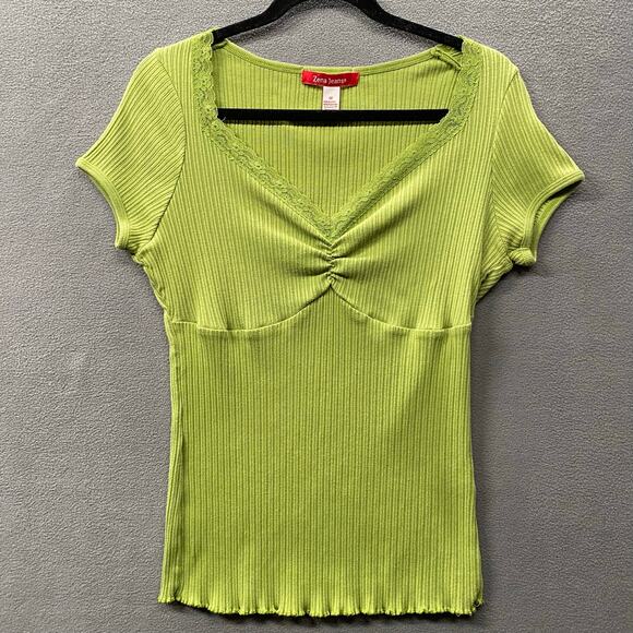 Vtg Y2K 00s Babydoll Jersey Knit Ruched Lace V Neck Lettuce Hem Top 1X LimeGreen - Picture 1 of 9